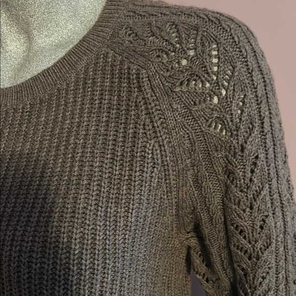 LOFT Brown Crew Neck Sweater with Cable Knit Sleeves - Picture 2 of 7